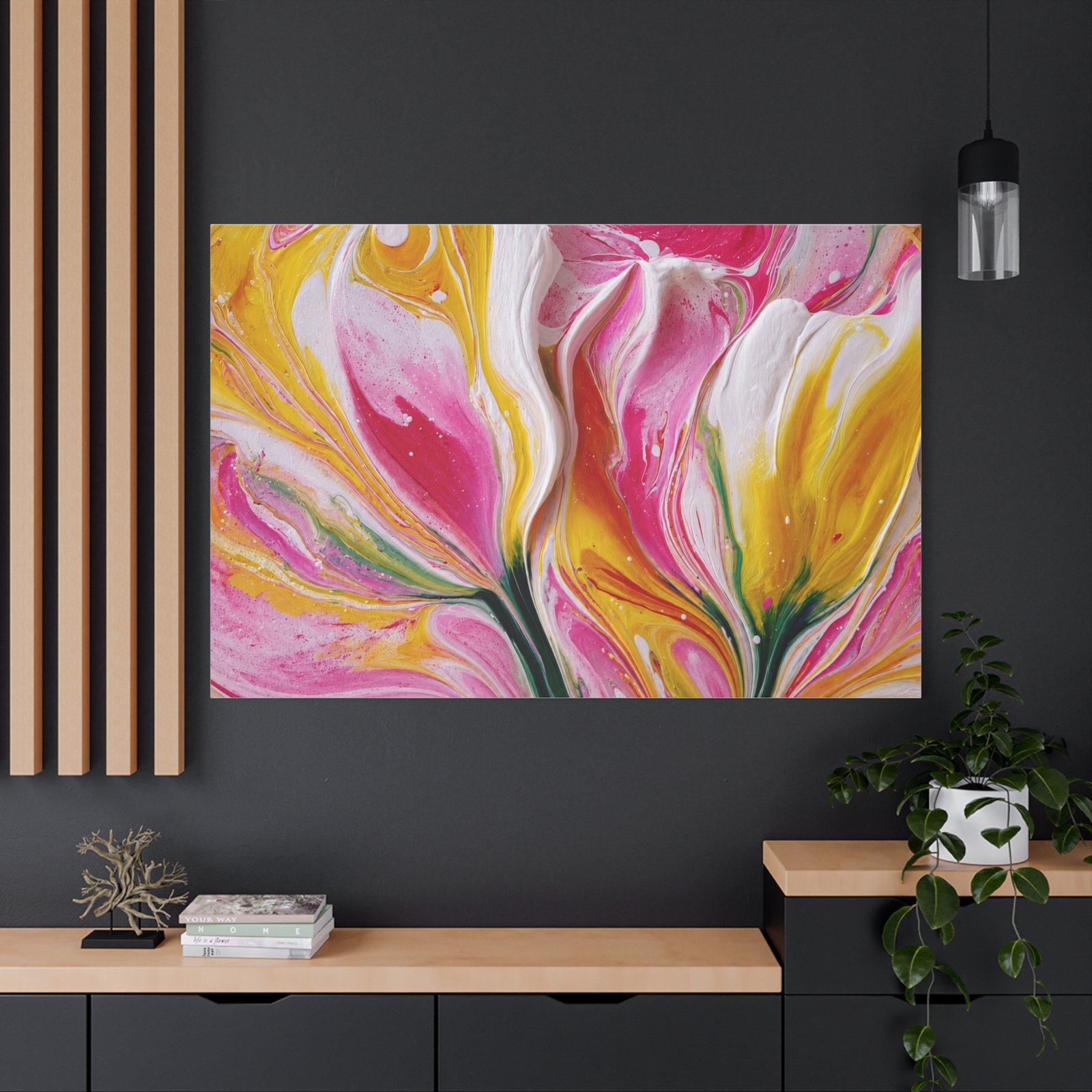 Abstract Floral Pour Art Matte Canvas Print — Pink & Yellow Stretched Wall Art - Image 4