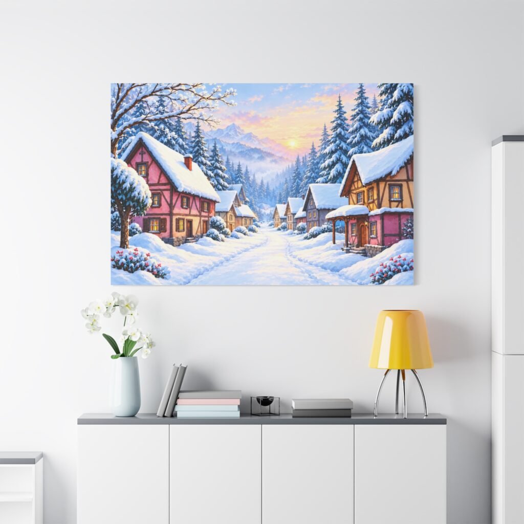Winter Village Canvas Print — Snowy Sunset Cottage Wall Art