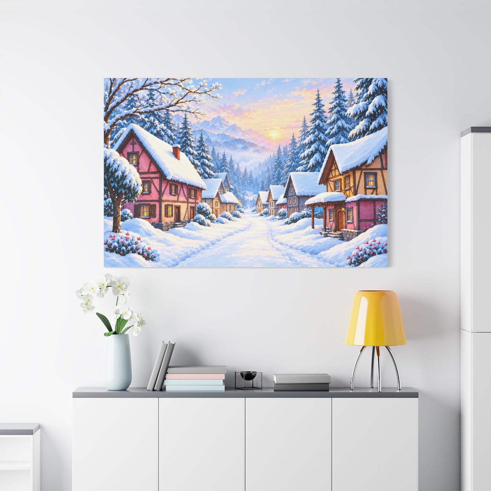 Winter Village Canvas Print — Snowy Sunset Cottage Wall Art - Image 3