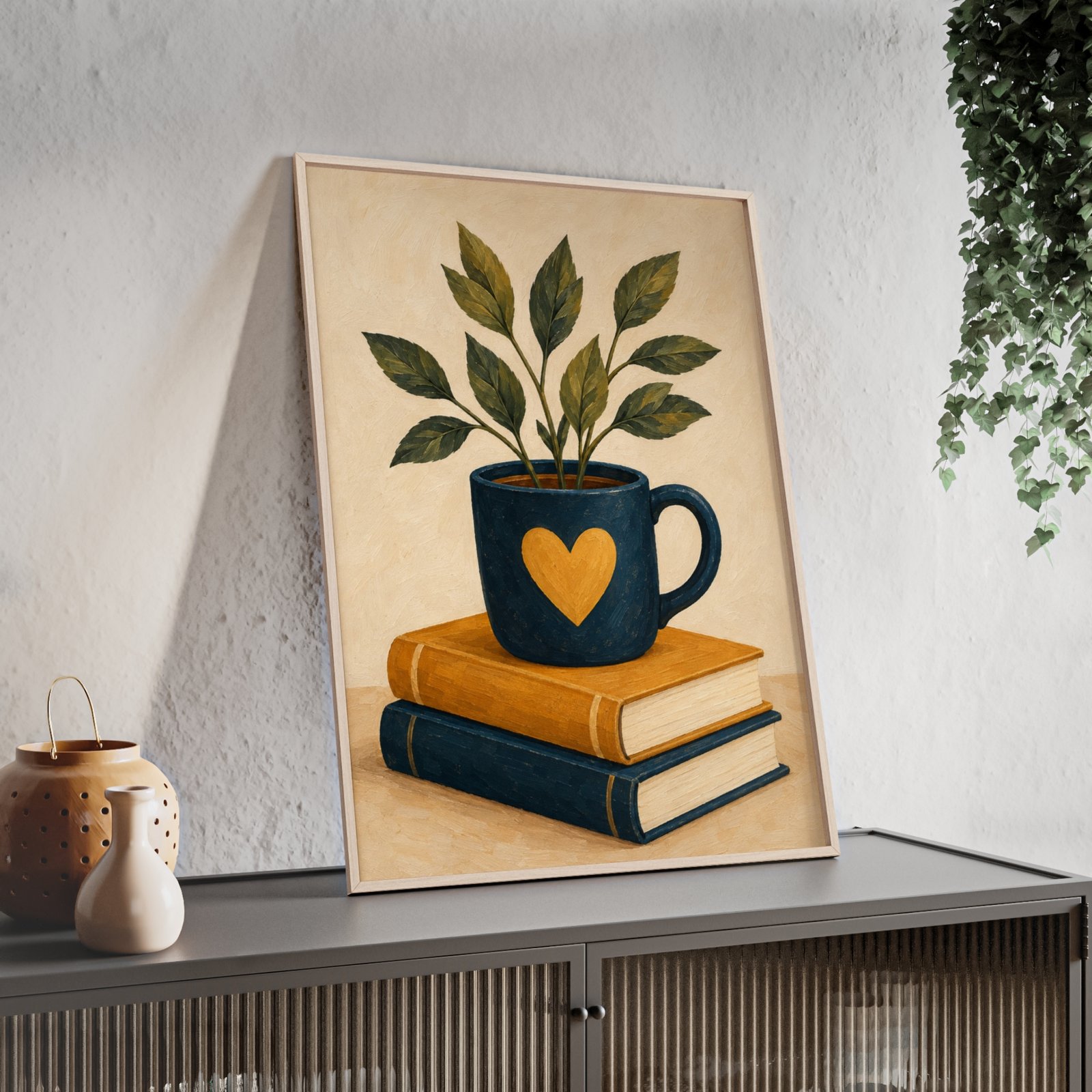Botanical Coffee Mug Art Print — Framed Poster with Books (Cozy Kitchen & Reading Nook Wall Decor) - Image 2
