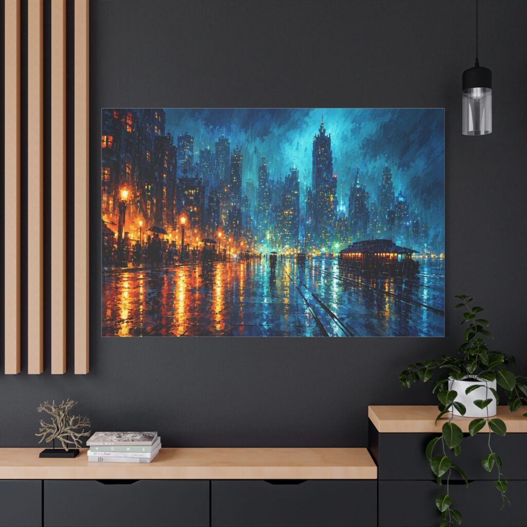 City Lights Matte Canvas Print — Rainy Night Urban Skyline Wall Art