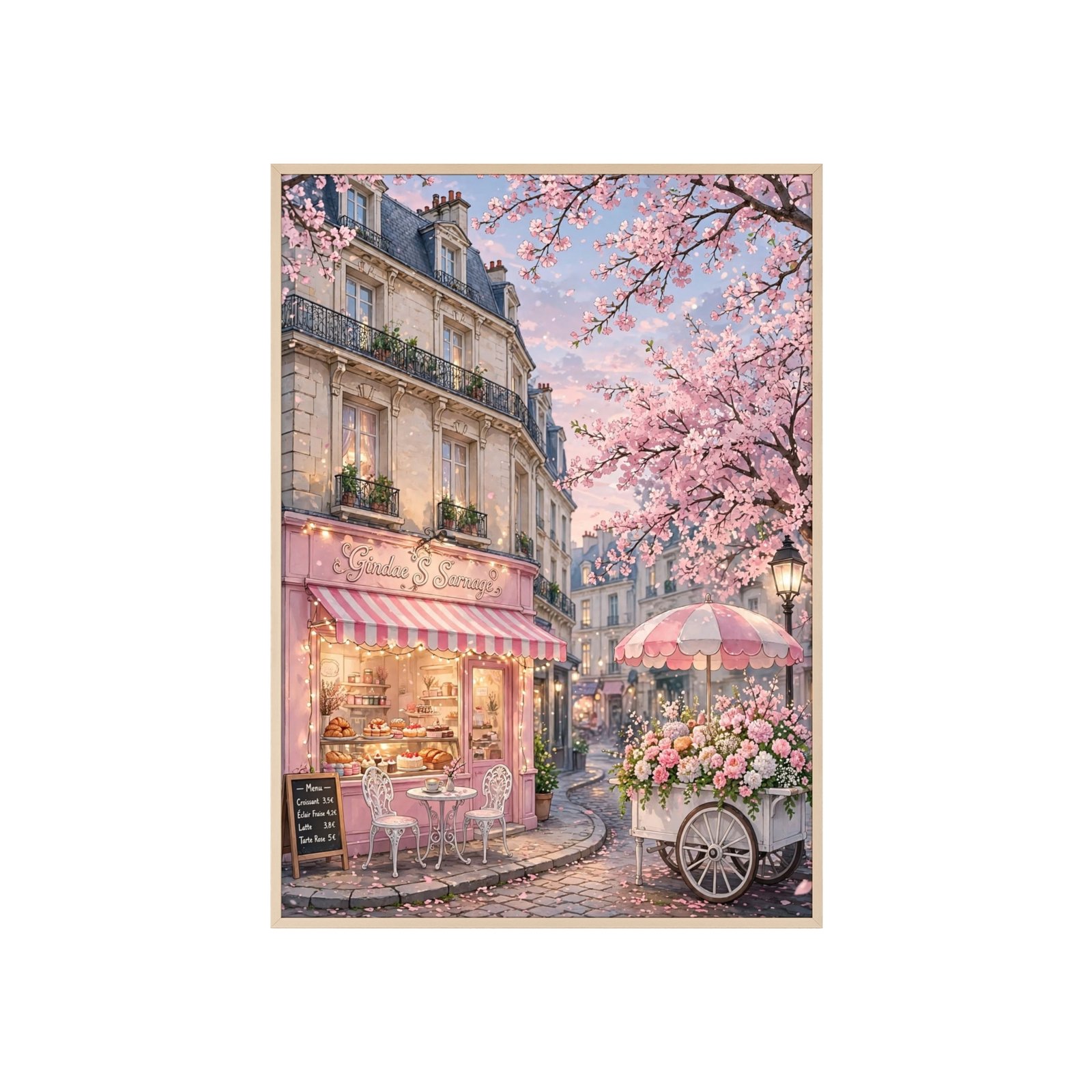 Parisian Café Blossom Poster with Wooden Frame — Romantic Street Scene Wall Art - Image 1