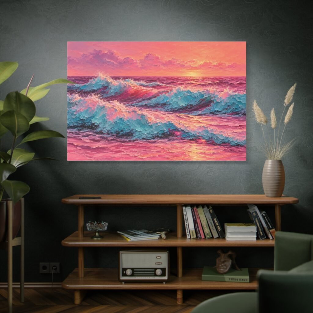 Pink Sunset Ocean Waves Matte Canvas Wall Art — Stretched 1.25"