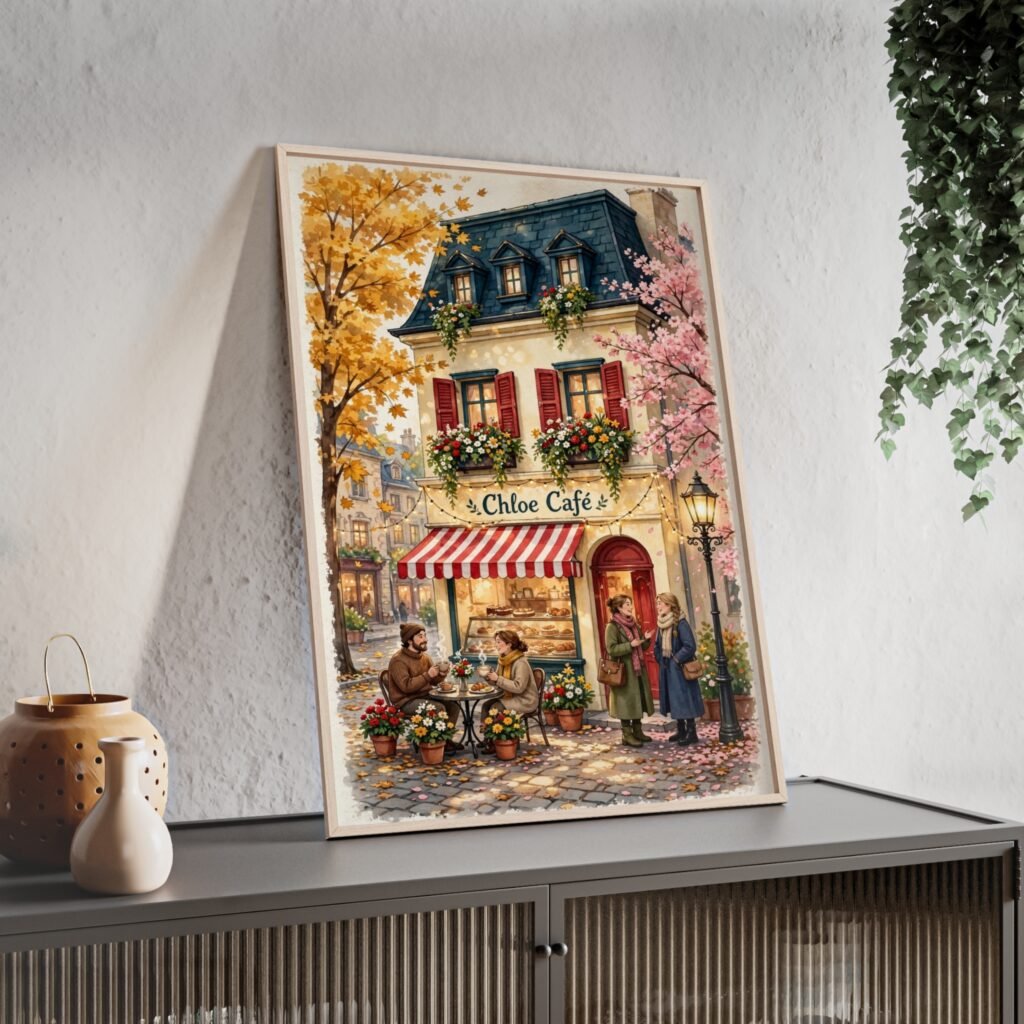 Café Street Scene Poster with Wooden Frame — Chloe Café Parisian Wall Art