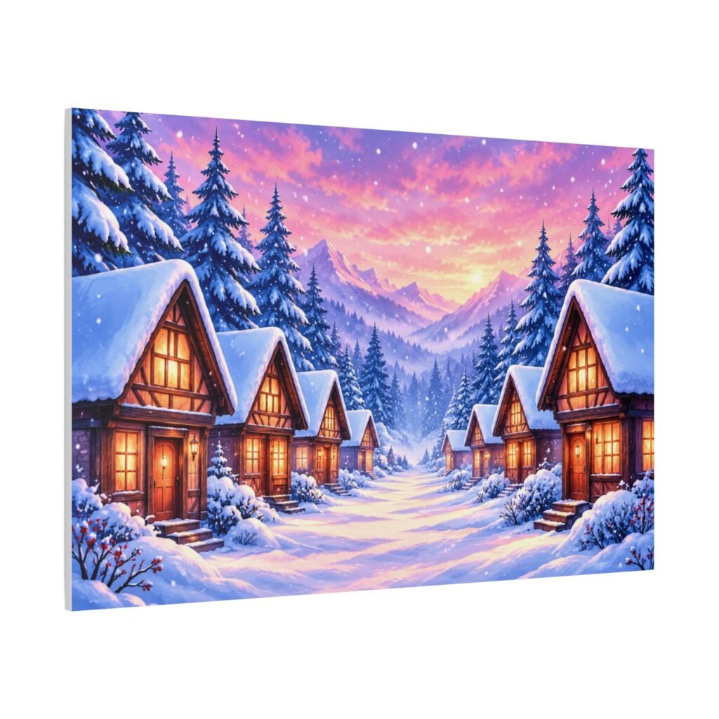 Winter Cabin Canvas – Cozy Snowy Village Matte Stretched Wall Art