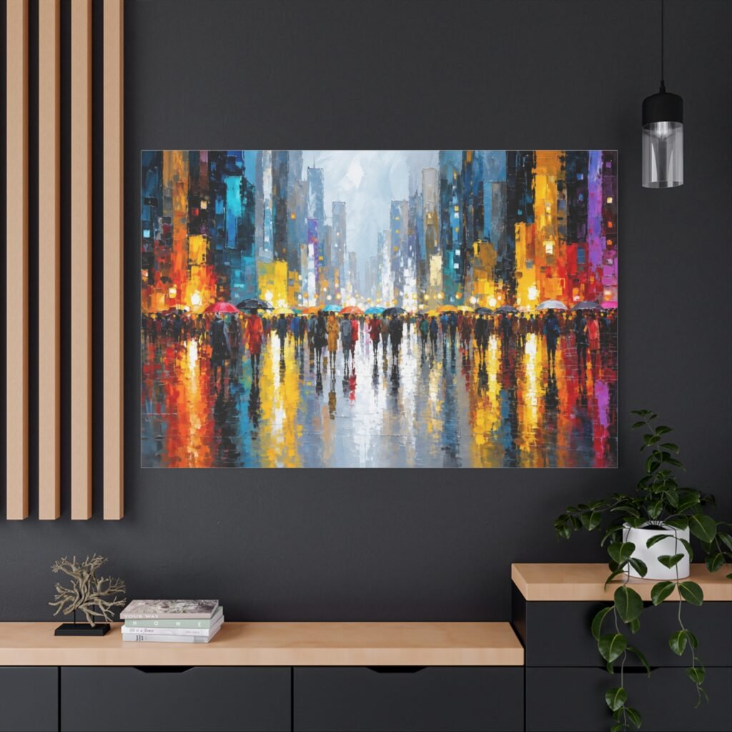 Canvas Wall Art - Colorful Cityscape Rain Reflection Matte Stretched Canvas