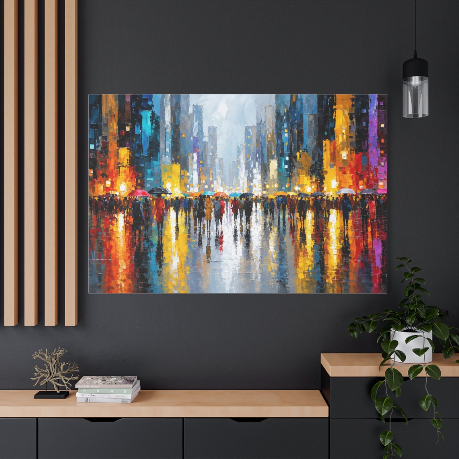 Canvas Wall Art - Colorful Cityscape Rain Reflection Matte Stretched Canvas - Image 4