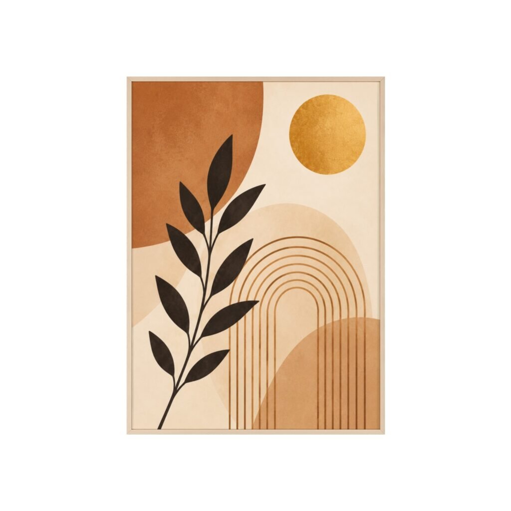 Abstract Boho Botanical Poster with Wooden Frame — Midcentury Earth Tone Wall Art