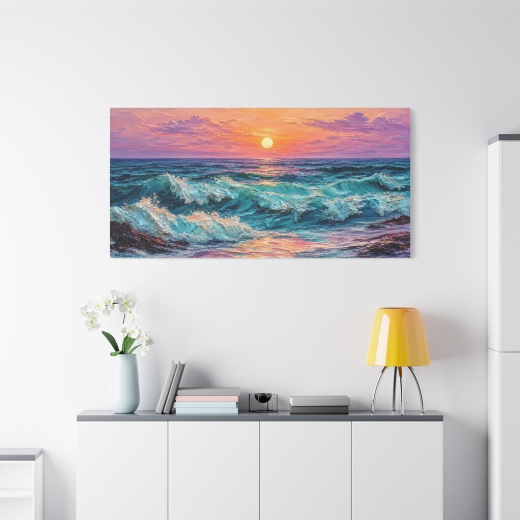 Sunset Ocean Waves Matte Canvas Print — Seaside Beach Wall Art