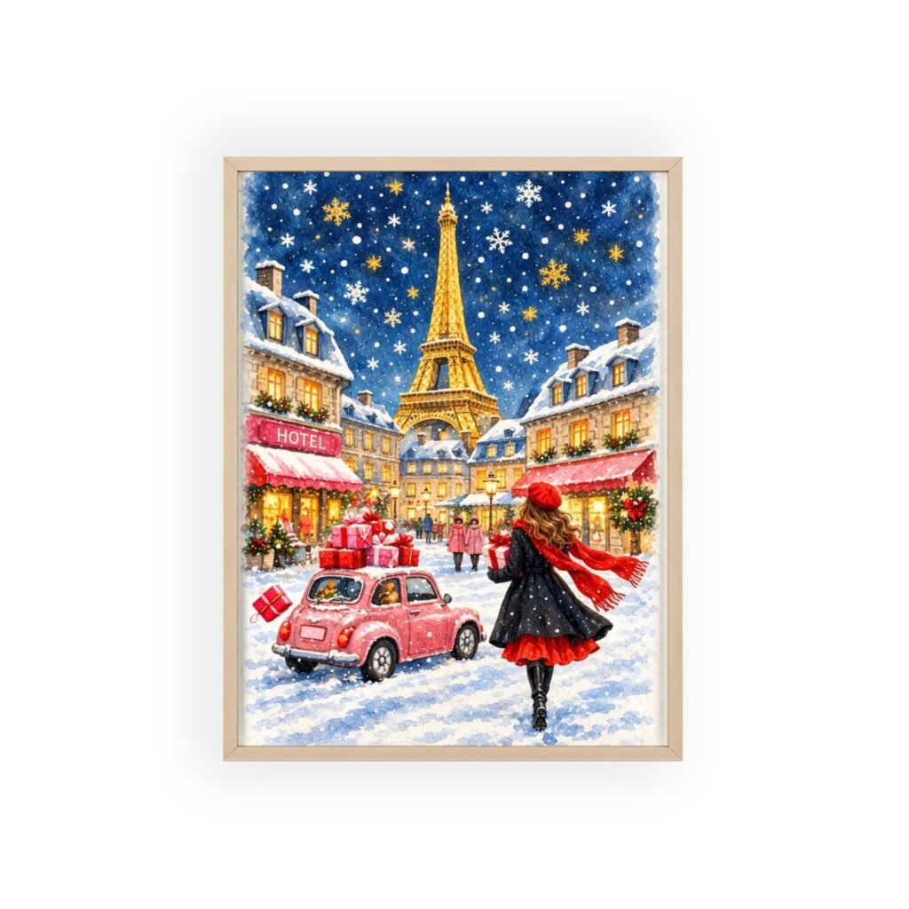 Paris Winter Holiday Poster with Wooden Frame — Eiffel Tower Christmas Street Scene