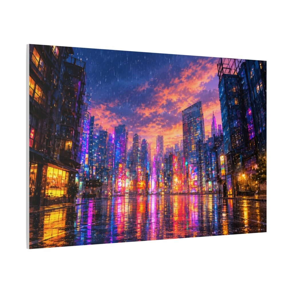City Lights Rainy Night Matte Canvas Print — Vibrant Neon Urban Skyline Wall Art