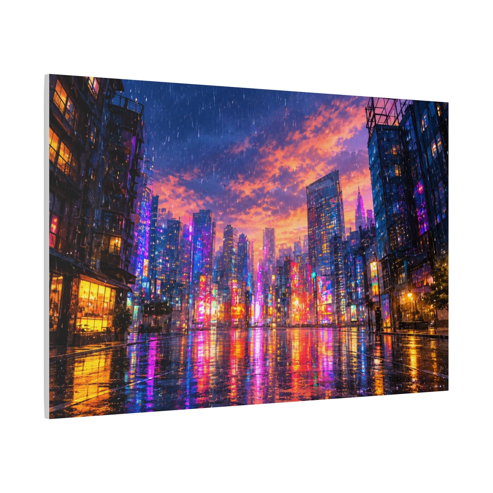 City Lights Rainy Night Matte Canvas Print — Vibrant Neon Urban Skyline Wall Art - Image 2