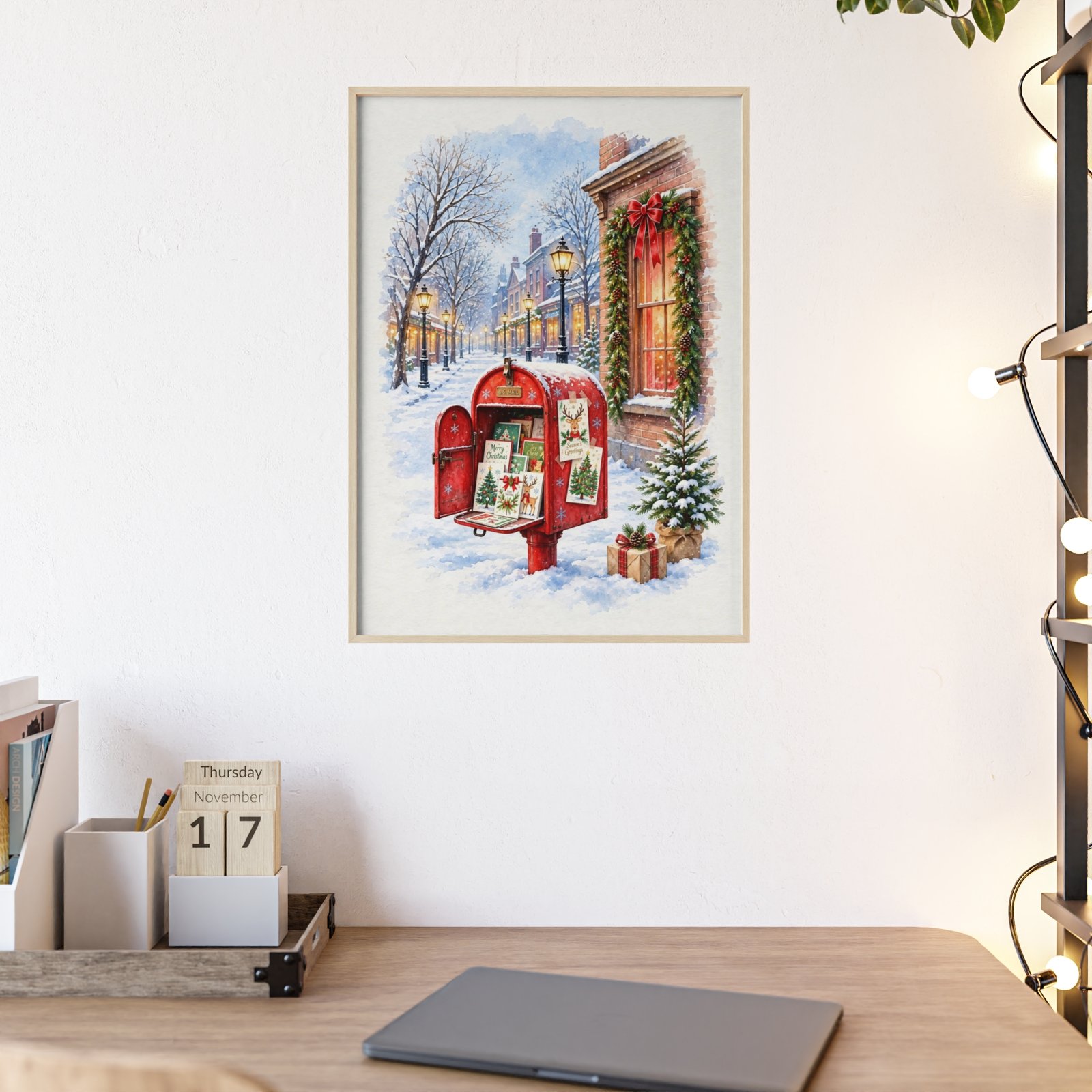 Christmas Mailbox Winter Street Holiday Poster with Wooden Frame - Image 2