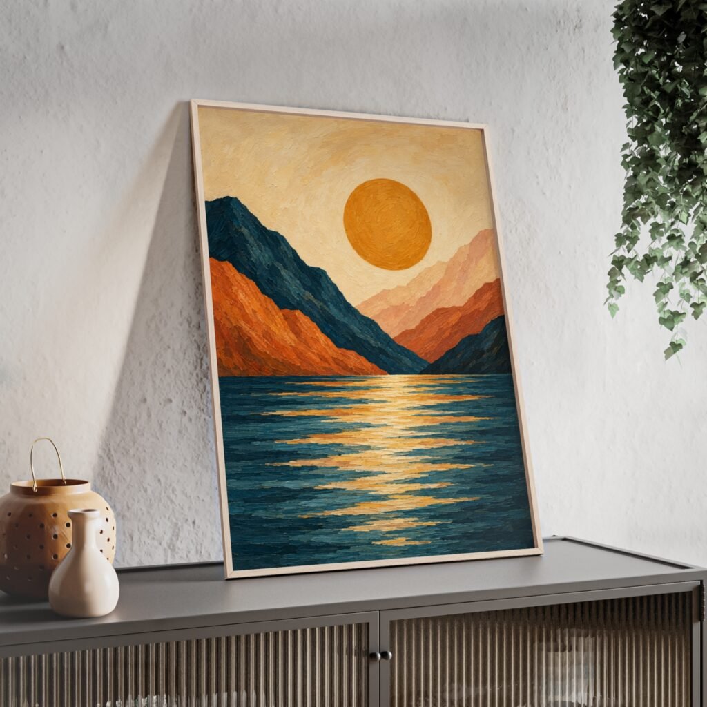 Framed Sunset Lake Poster — Warm Mountain Landscape Wall Art