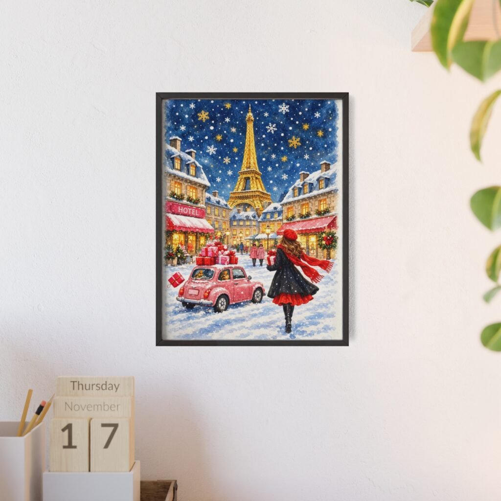 Paris Winter Holiday Poster with Wooden Frame — Eiffel Tower Christmas Street Scene