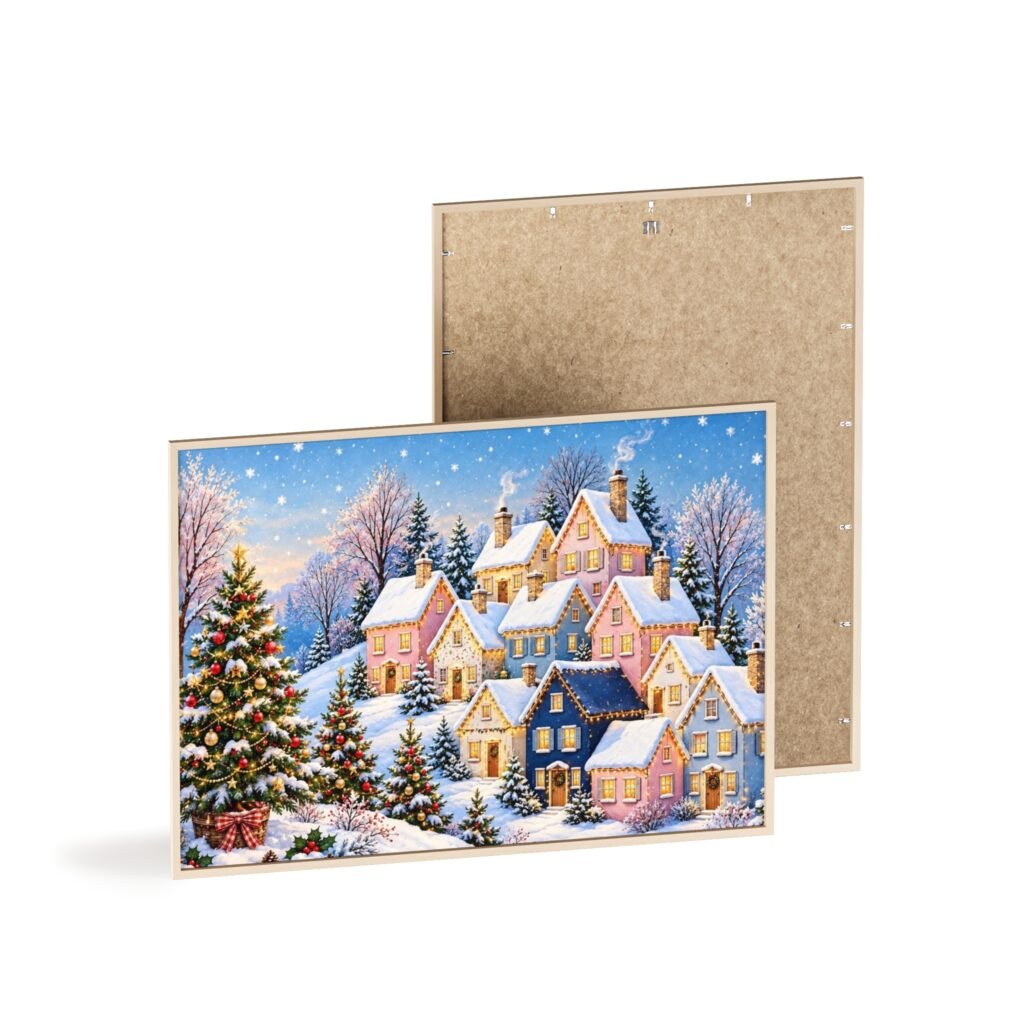 Winter Village Christmas Poster with Wooden Frame