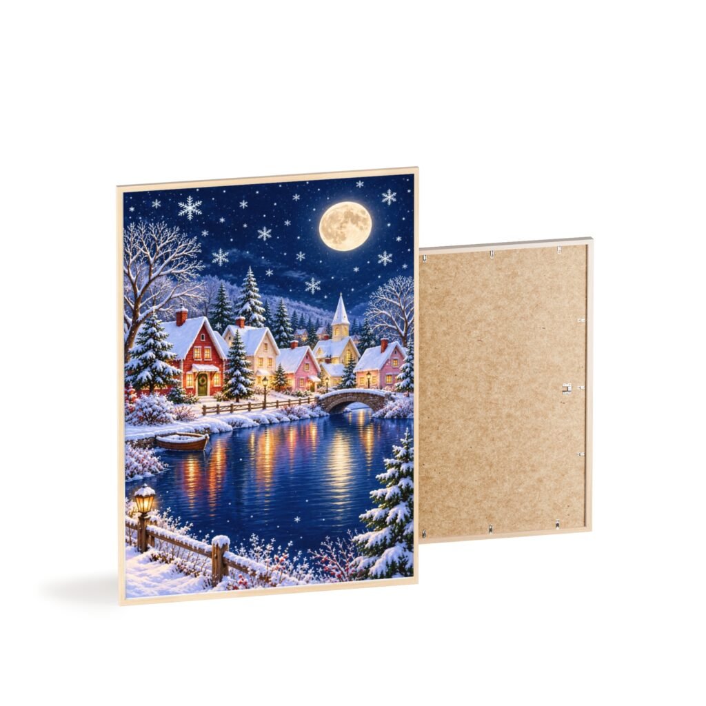 Framed Winter Village Poster – Moonlit Snowy Town Wall Art