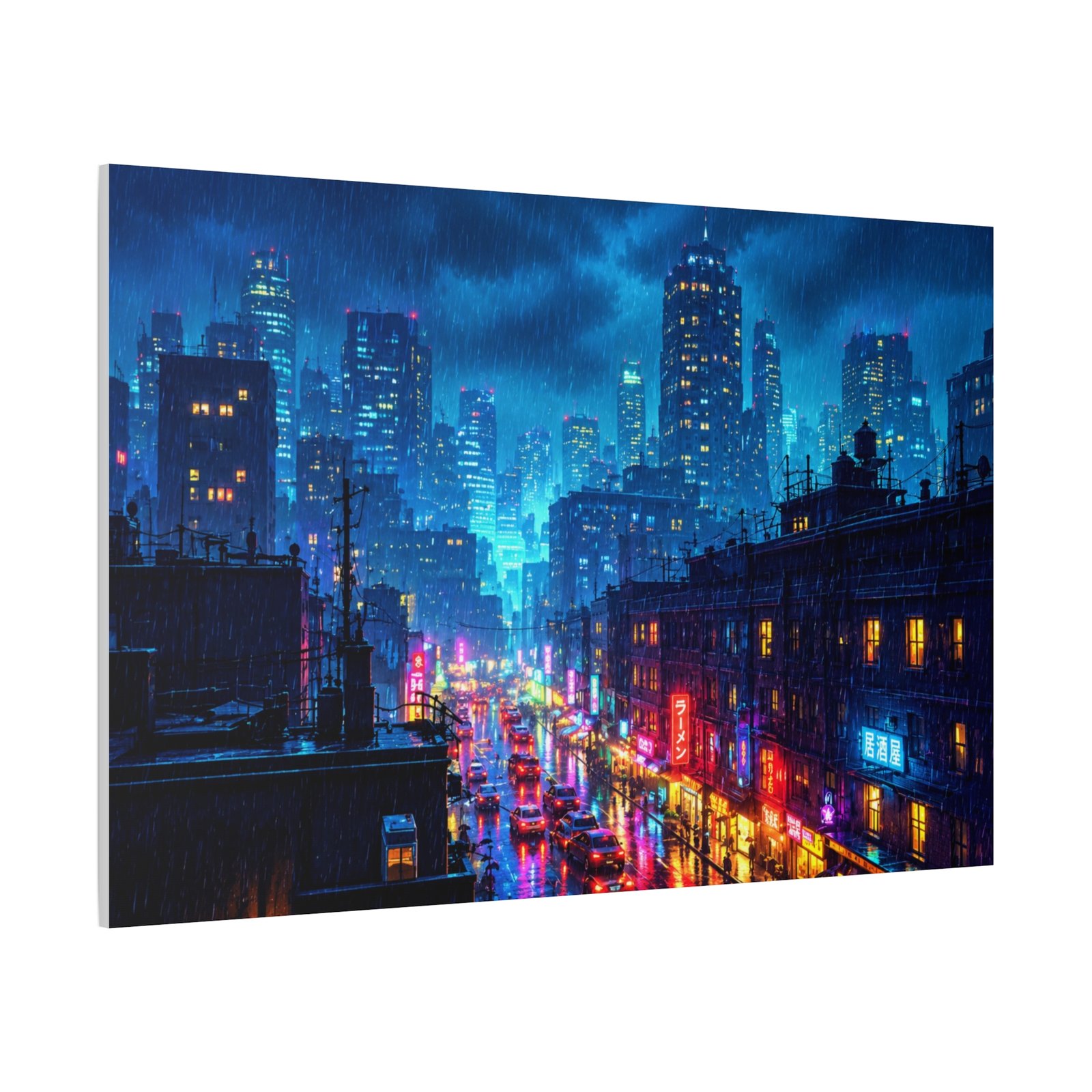 City Nightscape Matte Canvas Print — Rainy Neon Urban Skyline Wall Art - Image 2