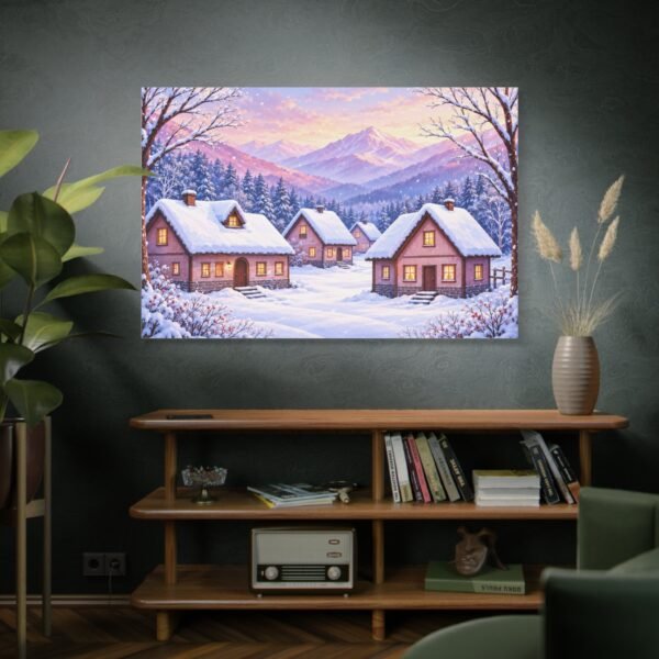 Winter Cottage Canvas Print — Snowy Village Mountain Landscape Matte Stretched Wall Art - Image 5