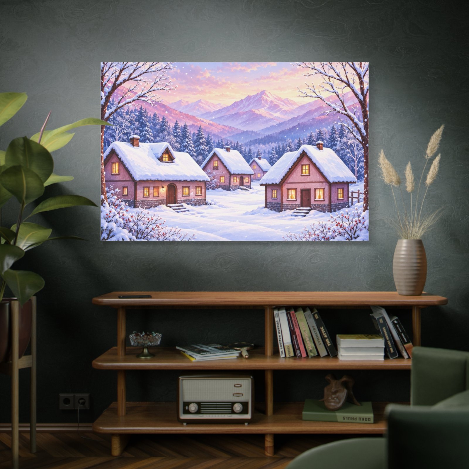 Winter Cottage Canvas Print — Snowy Village Mountain Landscape Matte Stretched Wall Art - Image 5
