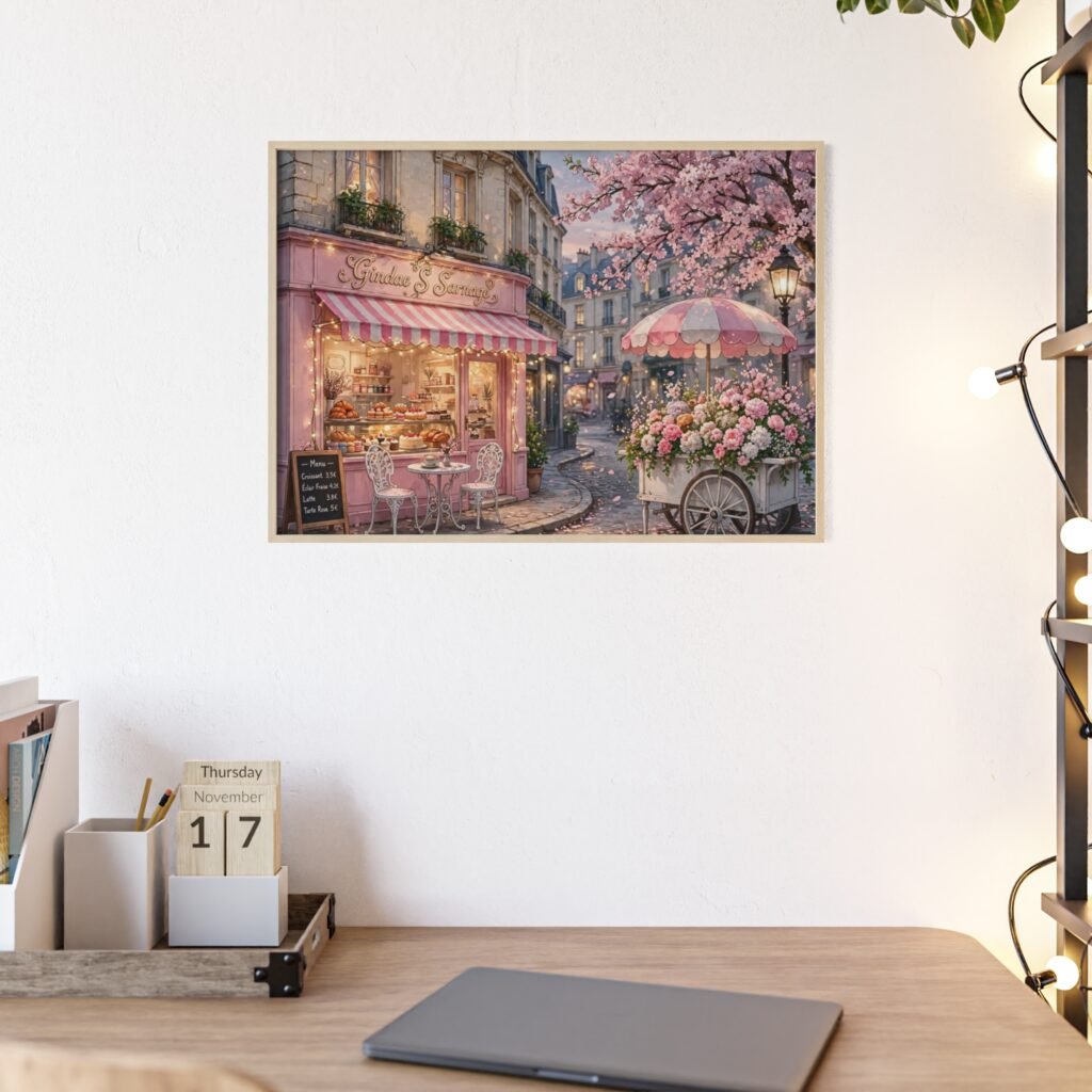 Framed Parisian Flower Shop Wall Art Poster — Floral Street Scene with Wooden Frame