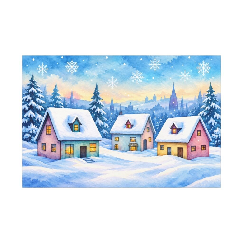Winter Village Snow Scene Matte Canvas Wall Art — Stretched 1.25"
