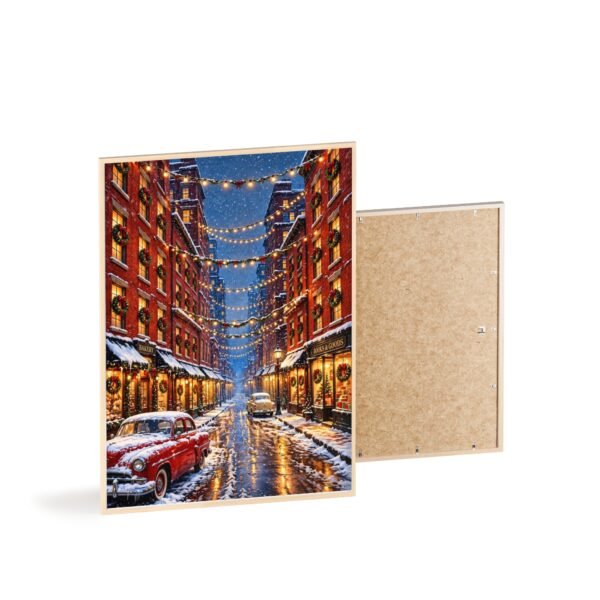 Framed Winter Street Holiday Poster — Snowy Cityscape with Vintage Car & String Lights - Image 4