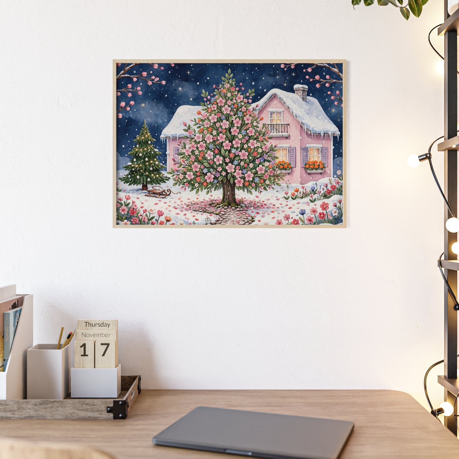 Winter Cottage Floral Poster with Wooden Frame - Image 2