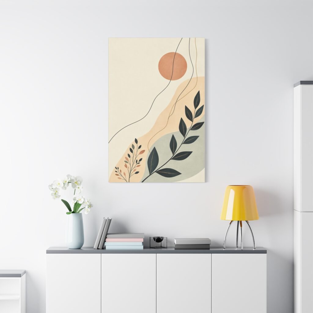 Abstract Botanical Canvas Wall Art — Minimal Sun & Leaf Matte Stretched Canvas
