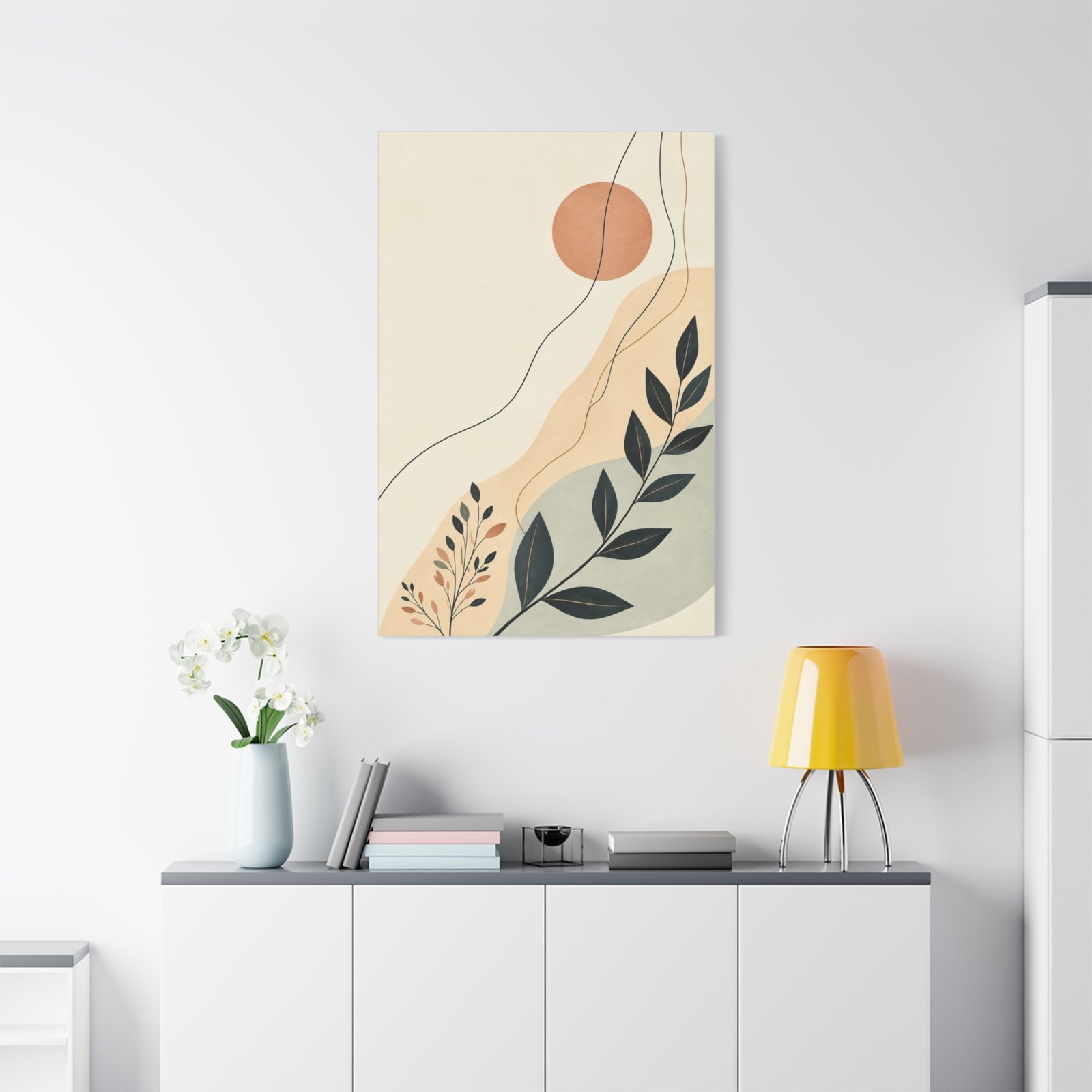 Abstract Botanical Canvas Wall Art — Minimal Sun & Leaf Matte Stretched Canvas - Image 1
