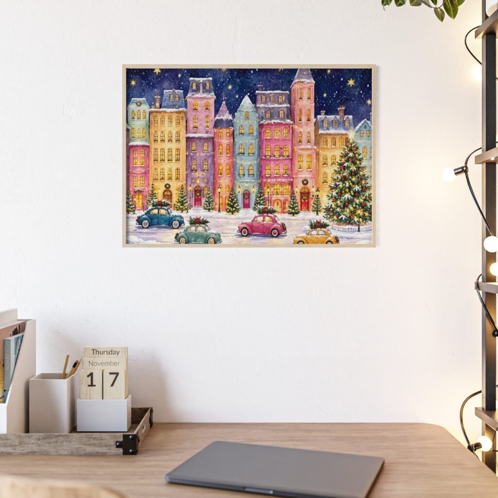 Christmas City Street Poster with Wooden Frame — Festive Winter Holiday Wall Art