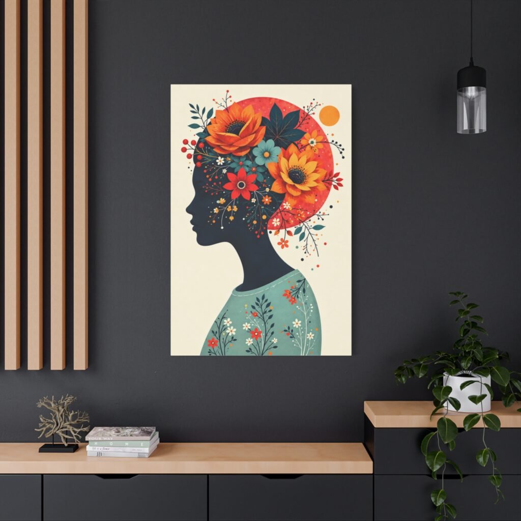 Floral Silhouette Canvas Wall Art — Woman Profile with Sunflower Crown