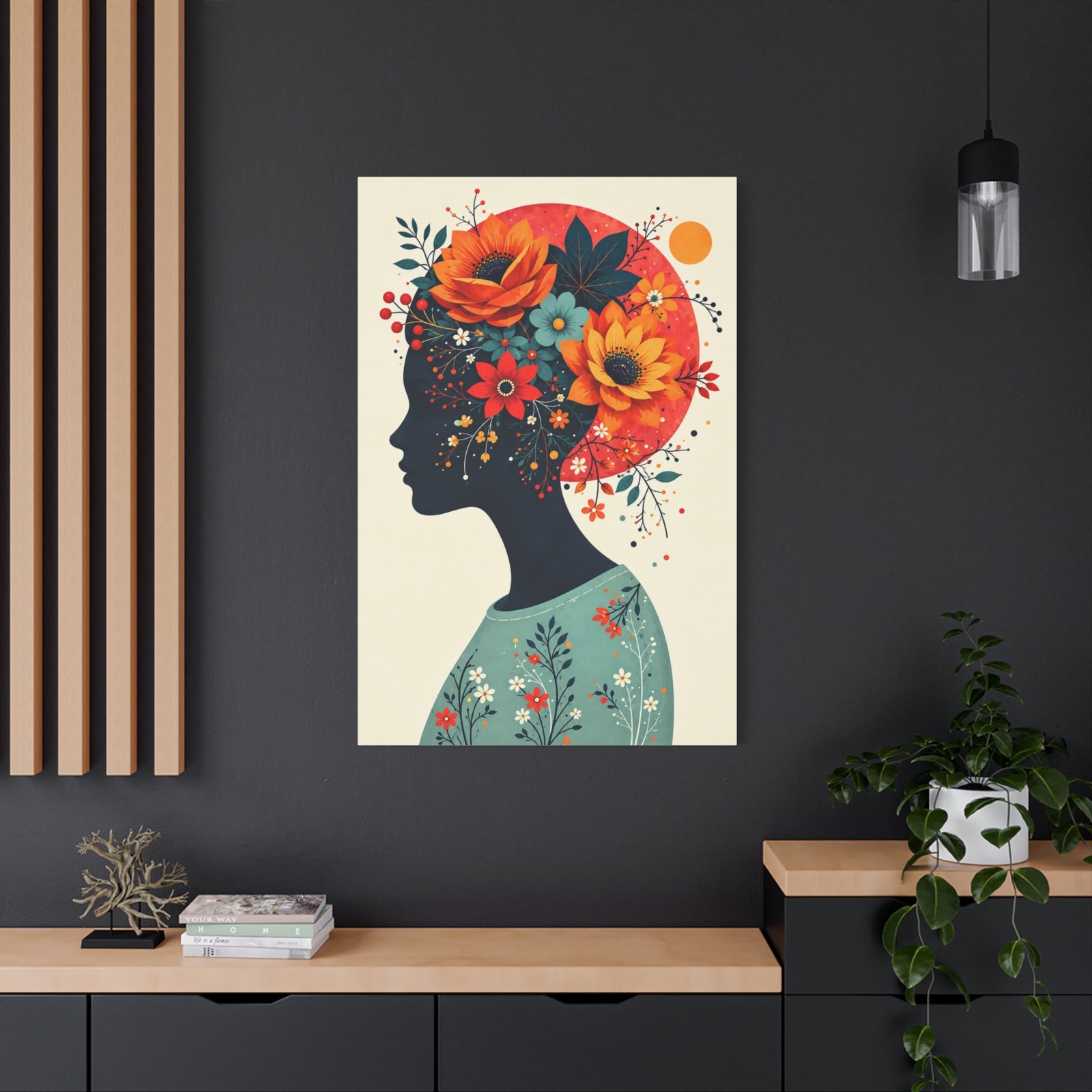 Floral Silhouette Canvas Wall Art — Woman Profile with Sunflower Crown - Image 4