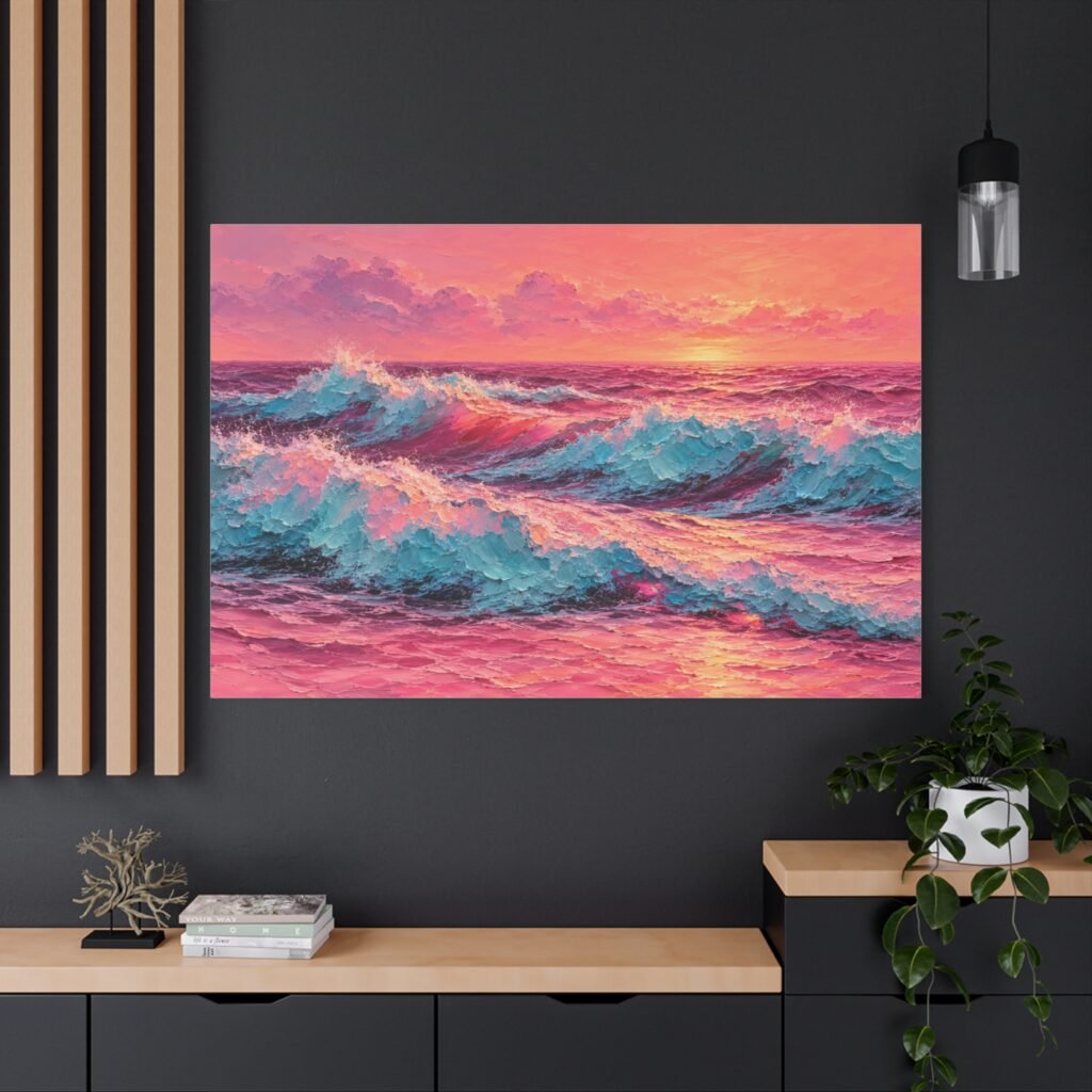 Pink Sunset Ocean Waves Matte Canvas Wall Art — Stretched 1.25"