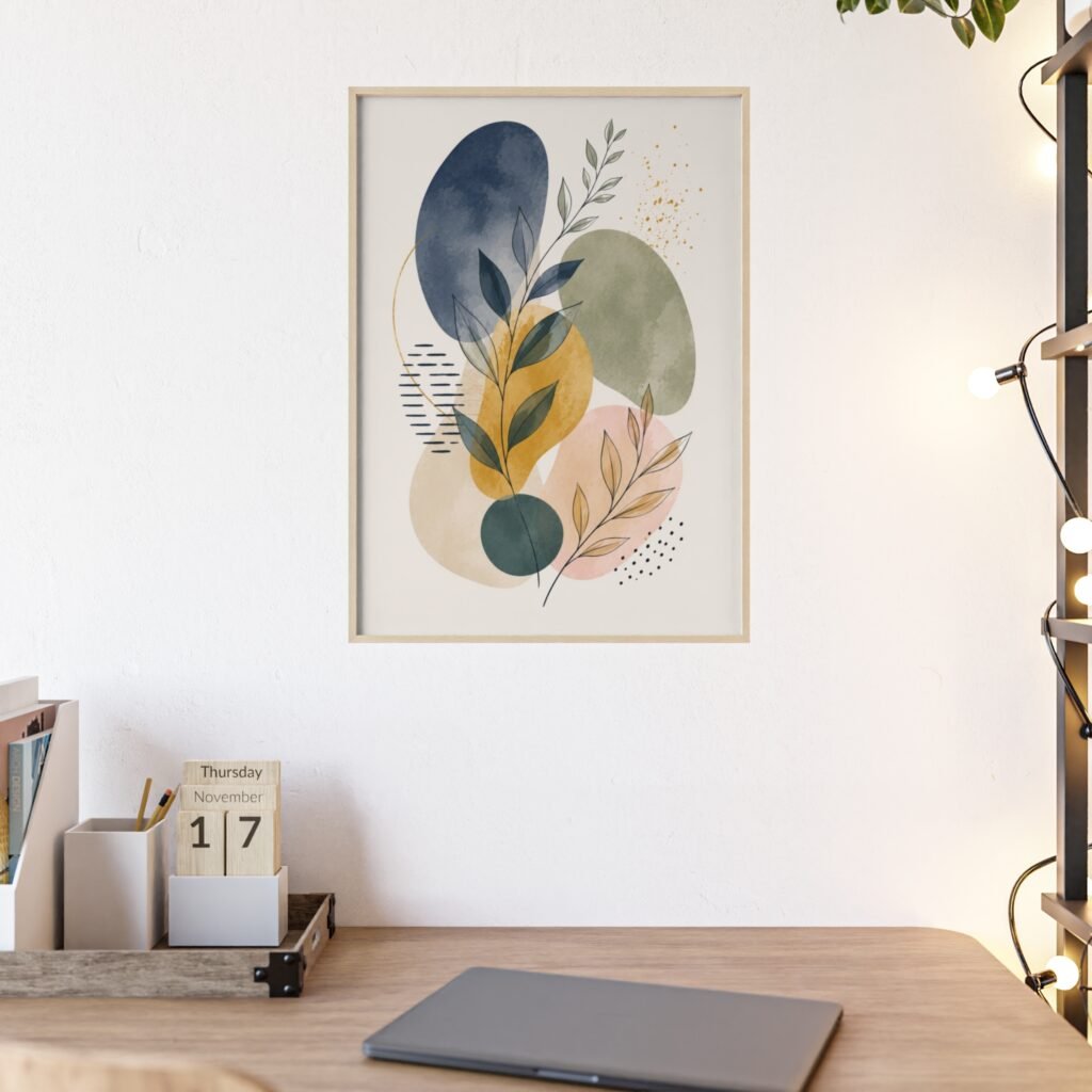 Boho Botanical Poster with Wooden Frame — Neutral Watercolor Wall Art