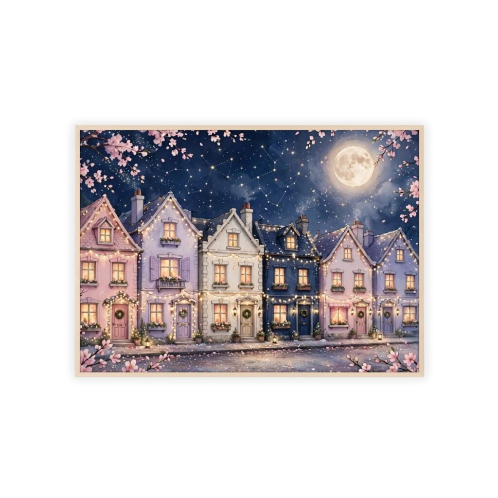 Framed Moonlit Cottage Street Poster — Wooden Frame Wall Art