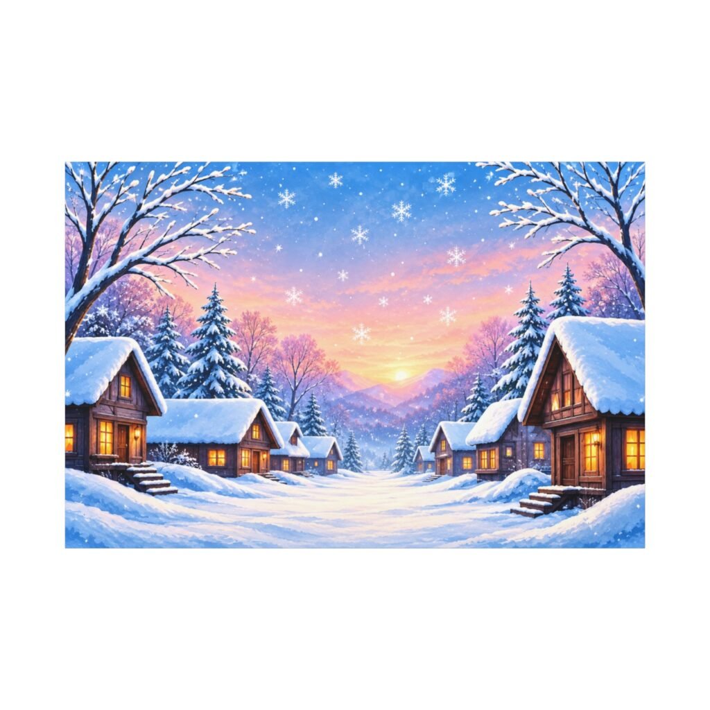 Winter Cabin Canvas Print — Snowy Village Sunset Matte Stretched Wall Art