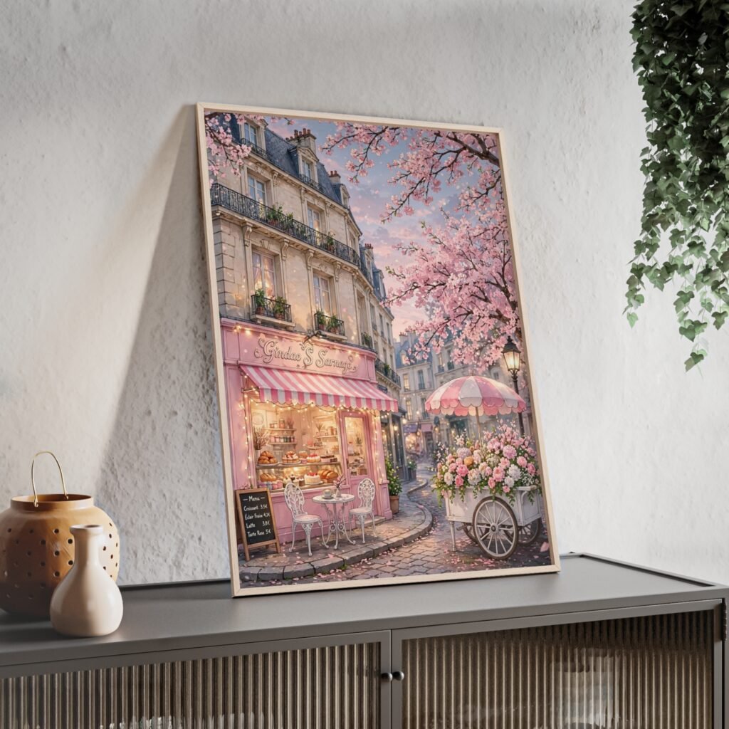Parisian Café Blossom Poster with Wooden Frame — Romantic Street Scene Wall Art