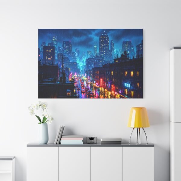 City Nightscape Matte Canvas Print — Rainy Neon Urban Skyline Wall Art - Image 3