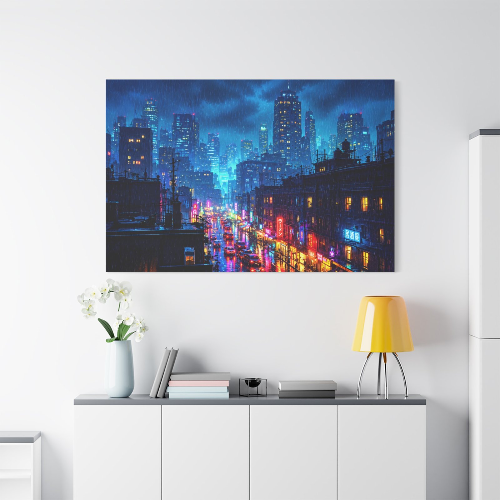 City Nightscape Matte Canvas Print — Rainy Neon Urban Skyline Wall Art - Image 3