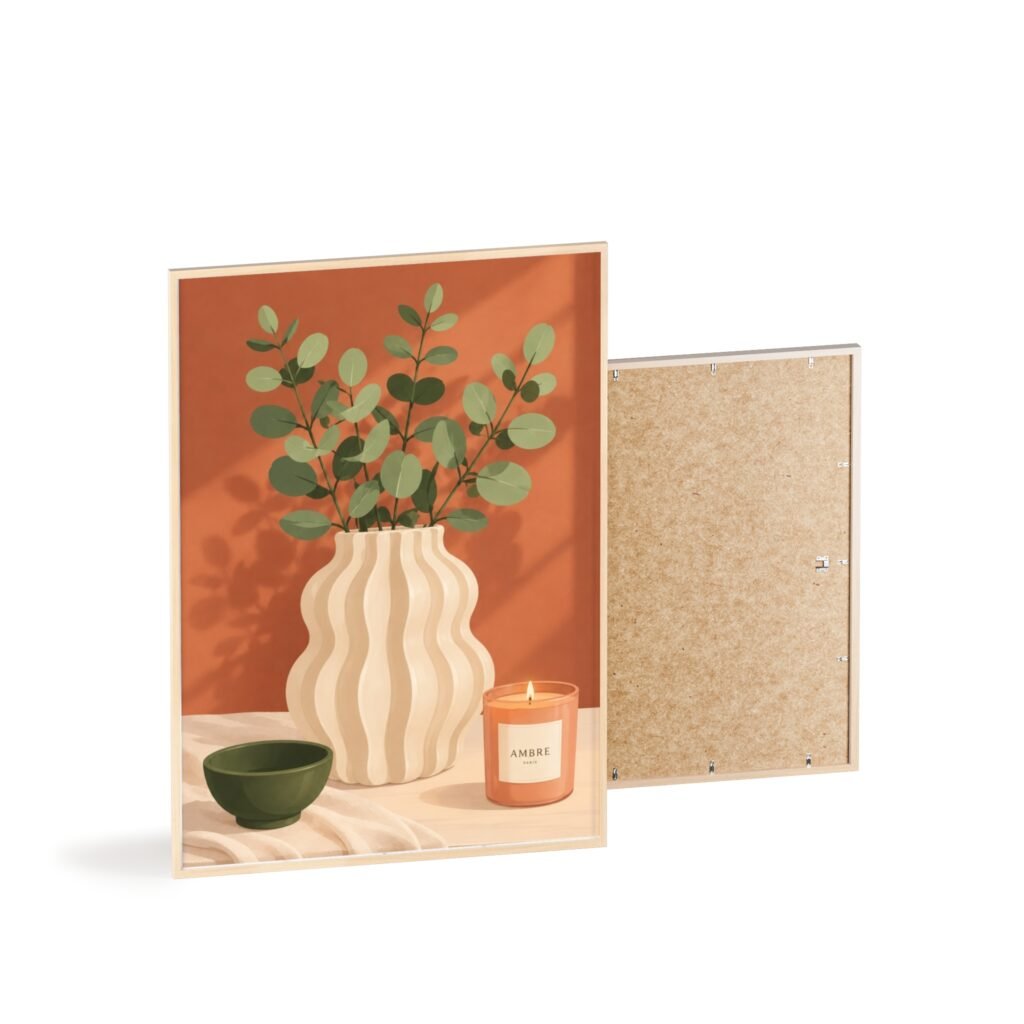 Framed Botanical Still Life Poster — Eucalyptus Vase & Candle Wall Art