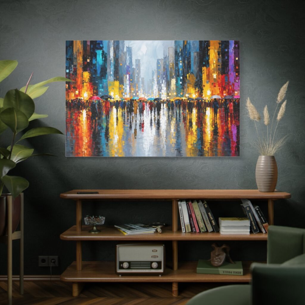 Canvas Wall Art - Colorful Cityscape Rain Reflection Matte Stretched Canvas