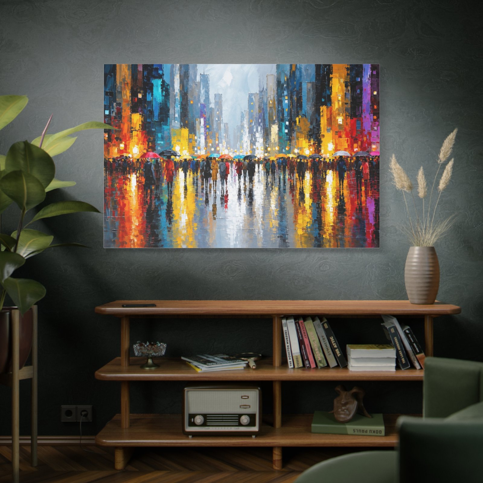 Canvas Wall Art - Colorful Cityscape Rain Reflection Matte Stretched Canvas - Image 5