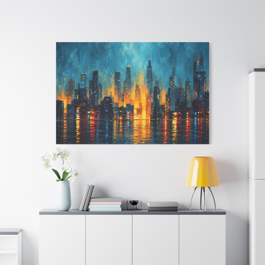 City Lights Abstract Matte Canvas Print — Blue & Amber Skyline Wall Art, Stretched 1.25"