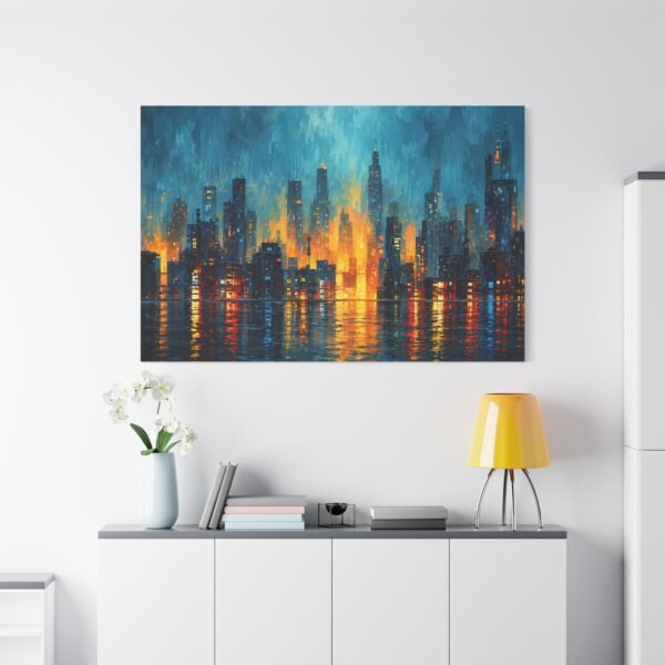 City Lights Abstract Matte Canvas Print — Blue & Amber Skyline Wall Art, Stretched 1.25" - Image 3