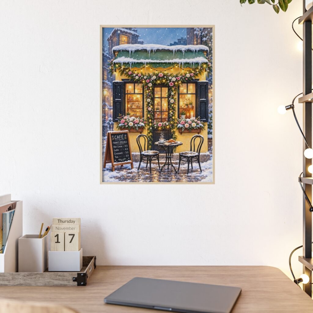 Winter Café Poster with Wooden Frame — Cozy Snowy Street Wall Art