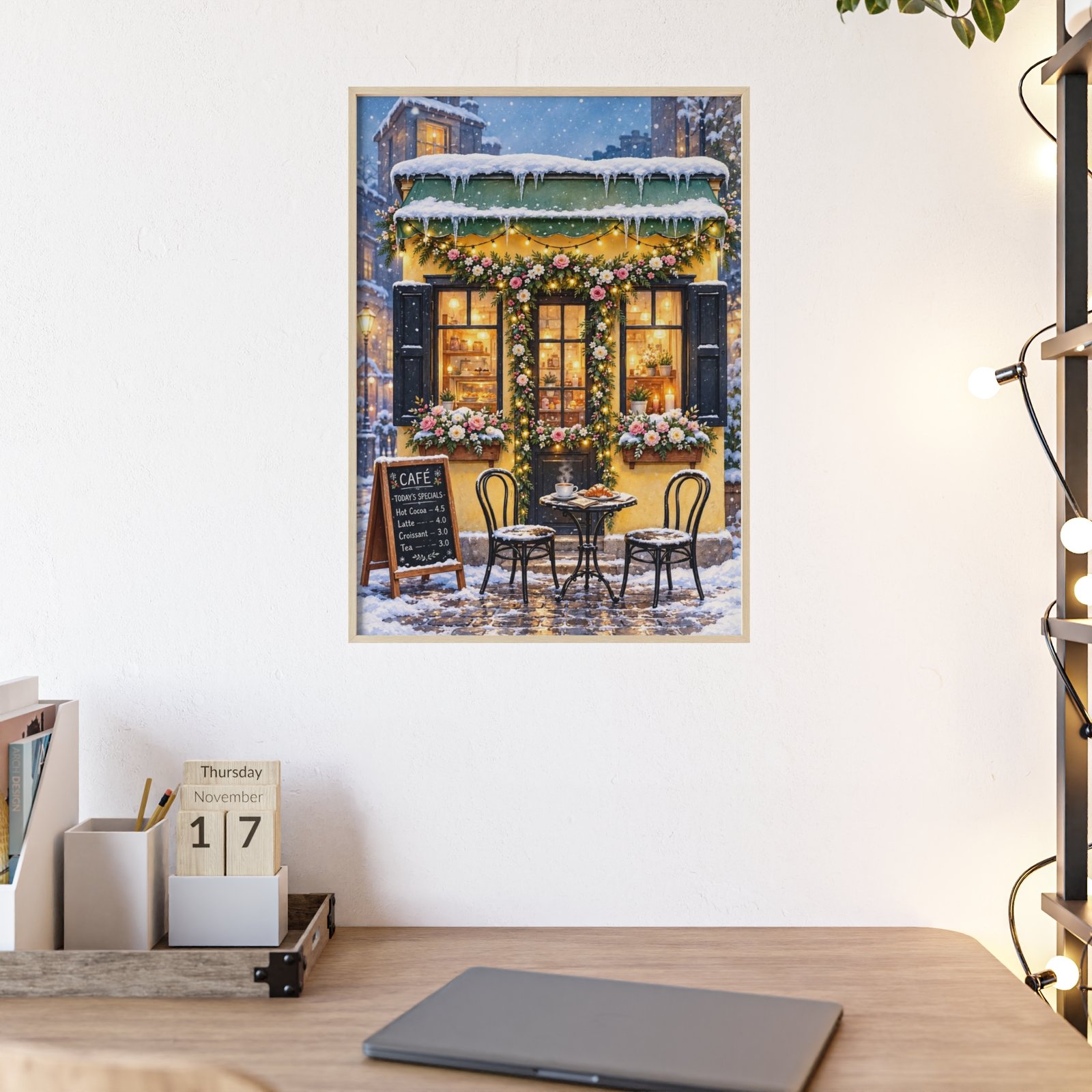 Winter Café Poster with Wooden Frame — Cozy Snowy Street Wall Art - Image 2