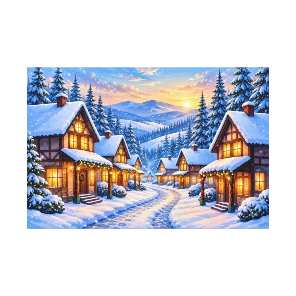 Winter Village Matte Canvas Print — Snowy Cottage Landscape Wall Art