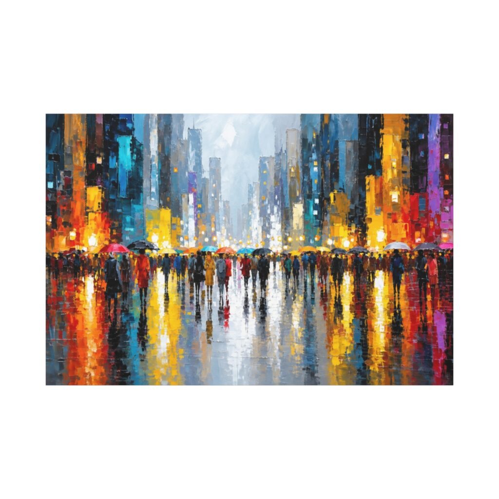 Canvas Wall Art - Colorful Cityscape Rain Reflection Matte Stretched Canvas