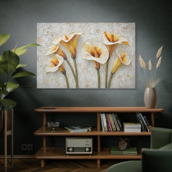 Calla Lily Textured Canvas Wall Art — Yellow White Floral Stretched Matte Print - Image 5